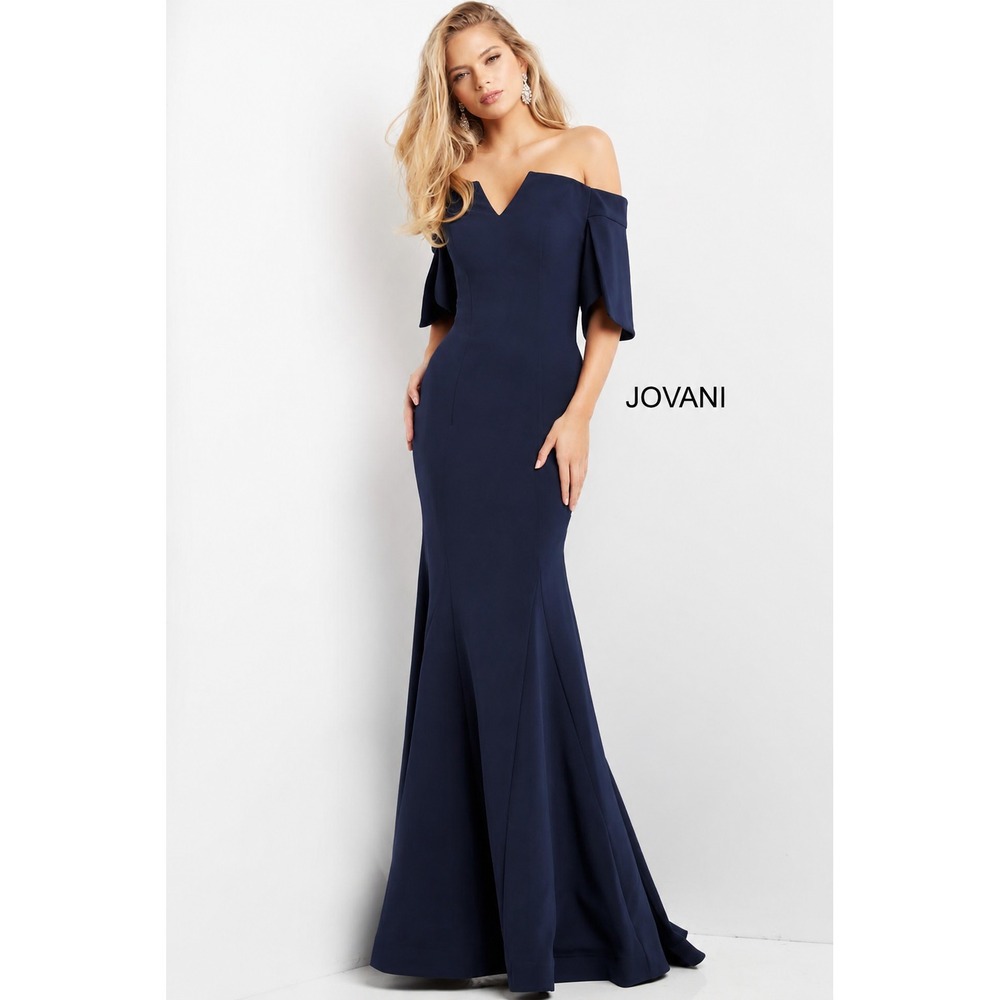 Jovani Gown NWT Sz 6 Navy Off Shoulder Trumpet Wedding Guest Pageant Formal Gala